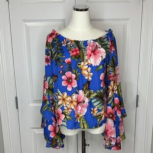 Paradiso Tropical Boho Off-Shoulder Smocked Resortware Bell-sleeve Blouse Size M